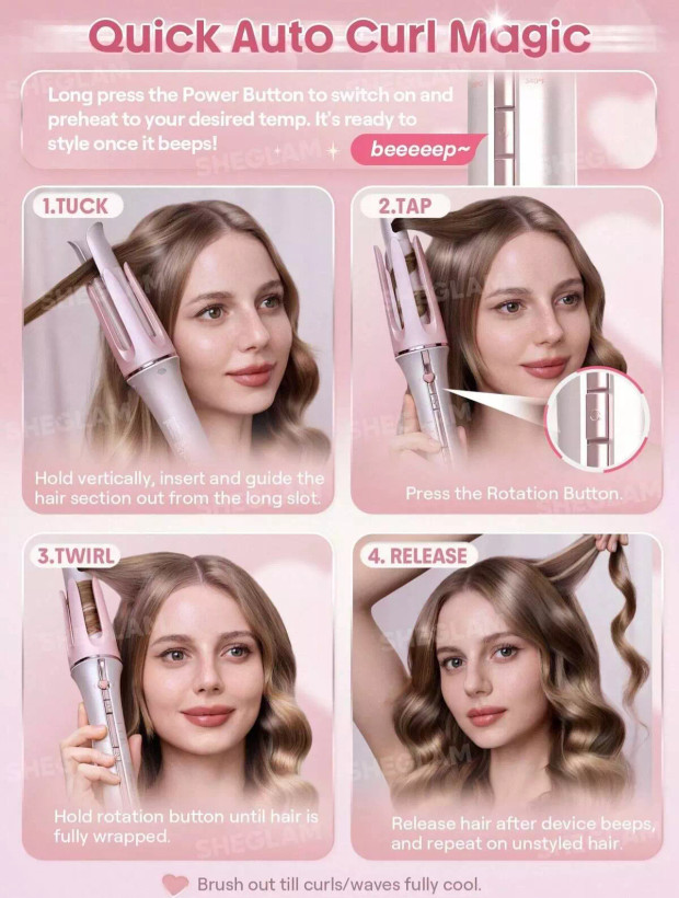 دستگاه فر کننده مو کرلی شیگلم بیبی پینک (صورتی) اصلی Curler Sheglam سایز 25